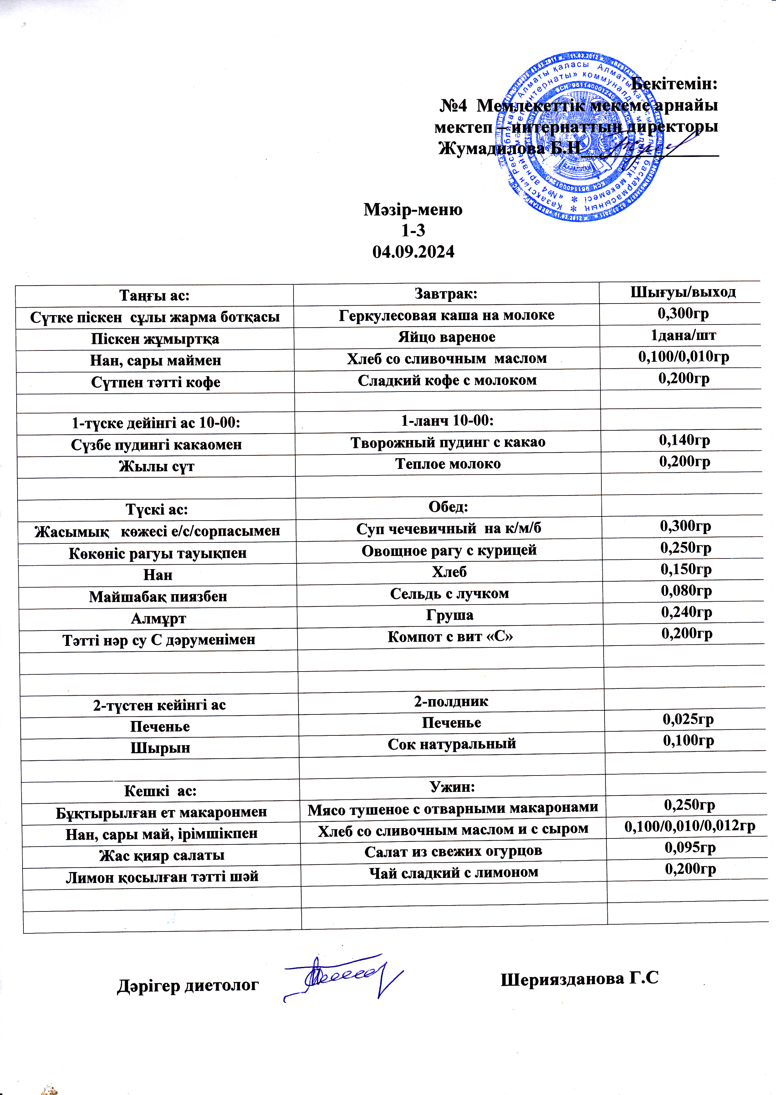 Күнделікті мәзір 04.09.2024 г/ Ежедневное меню на 04.09.2024г