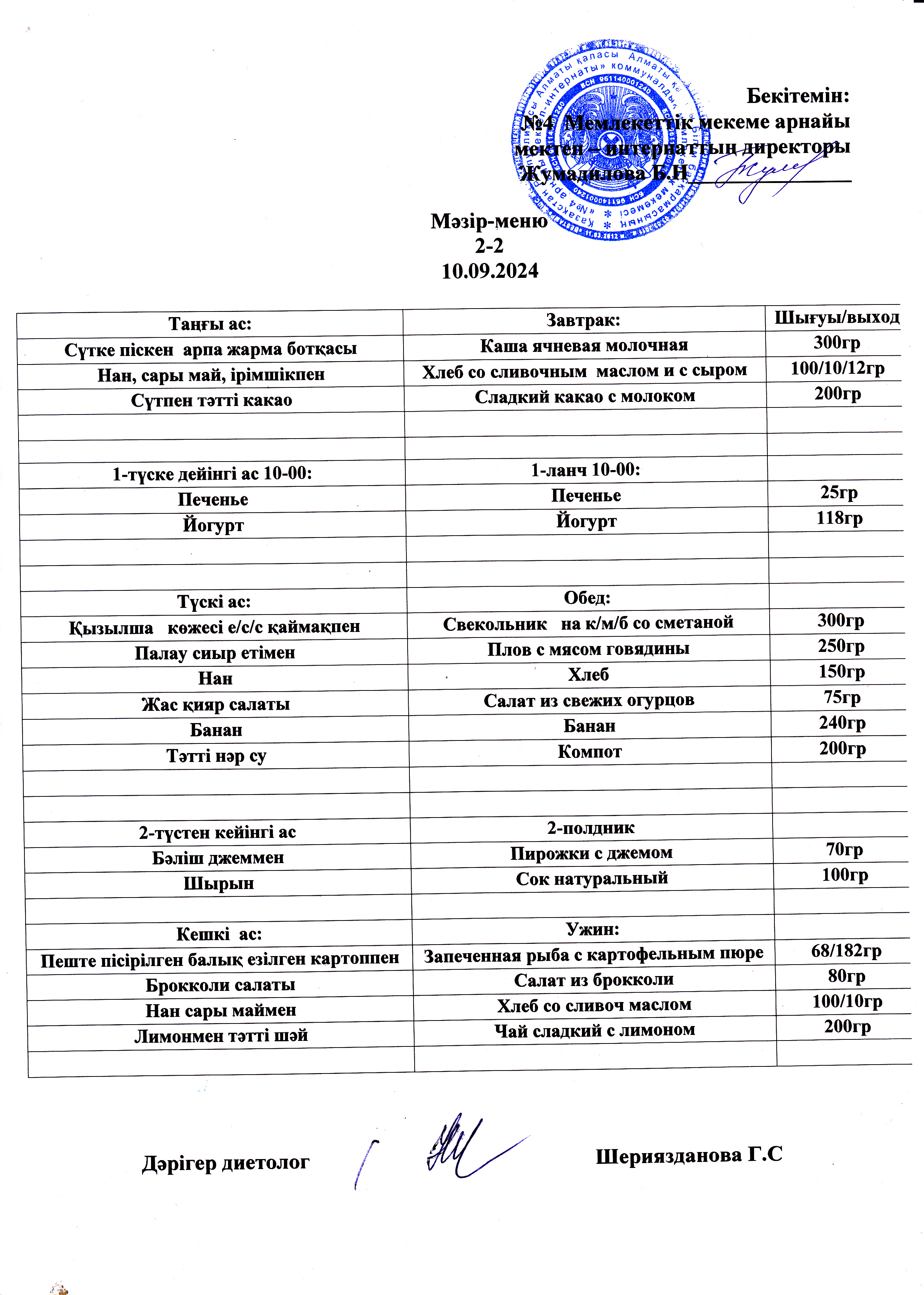 Күнделікті мәзір 10.09.2024 г/ Ежедневное меню на 10.09.2024г