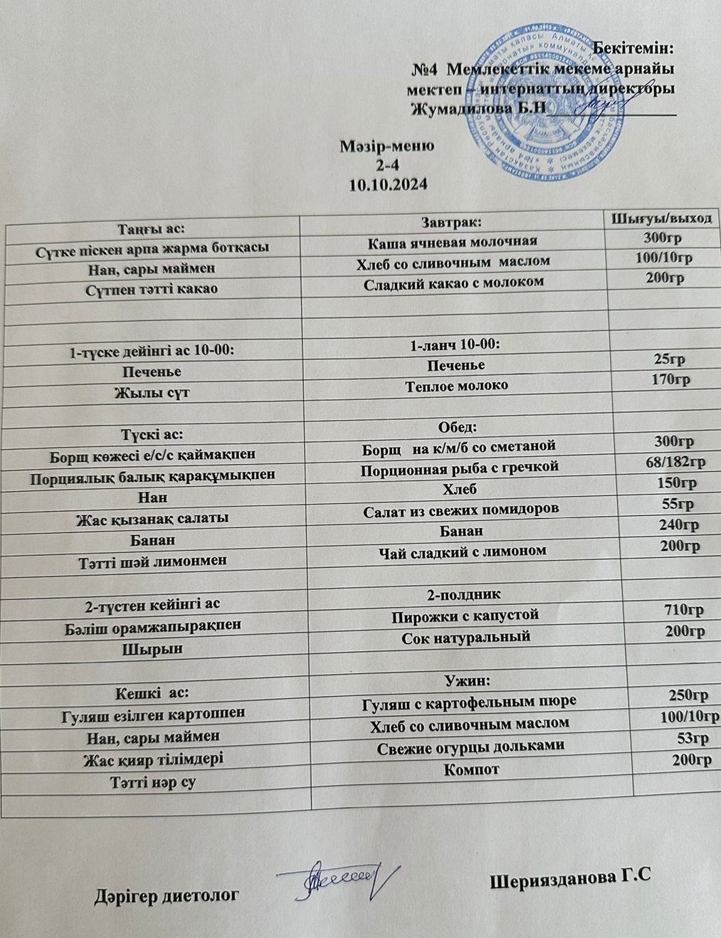 Күнделікті мәзір 10.10.2024 г/ Ежедневное меню на 10.10.2024г