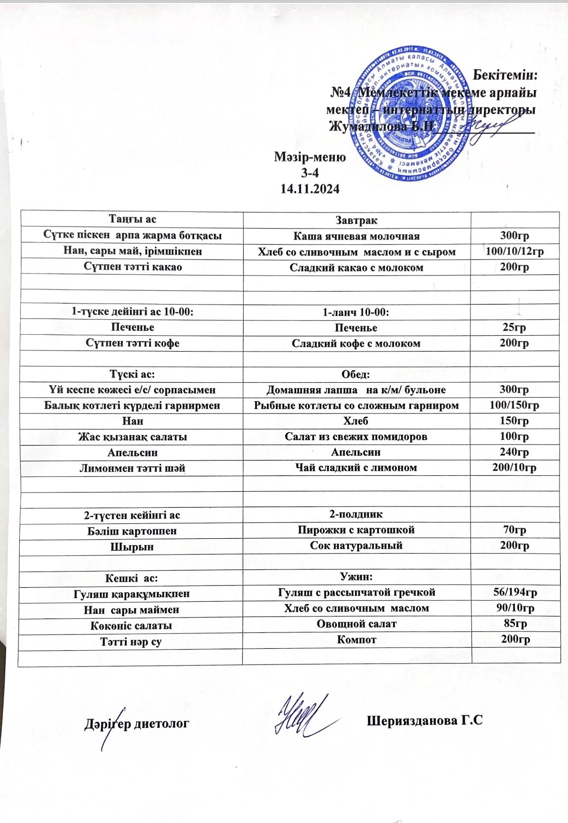 Күнделікті мәзір 14.11.2024 г/ Ежедневное меню на 14.11.2024г
