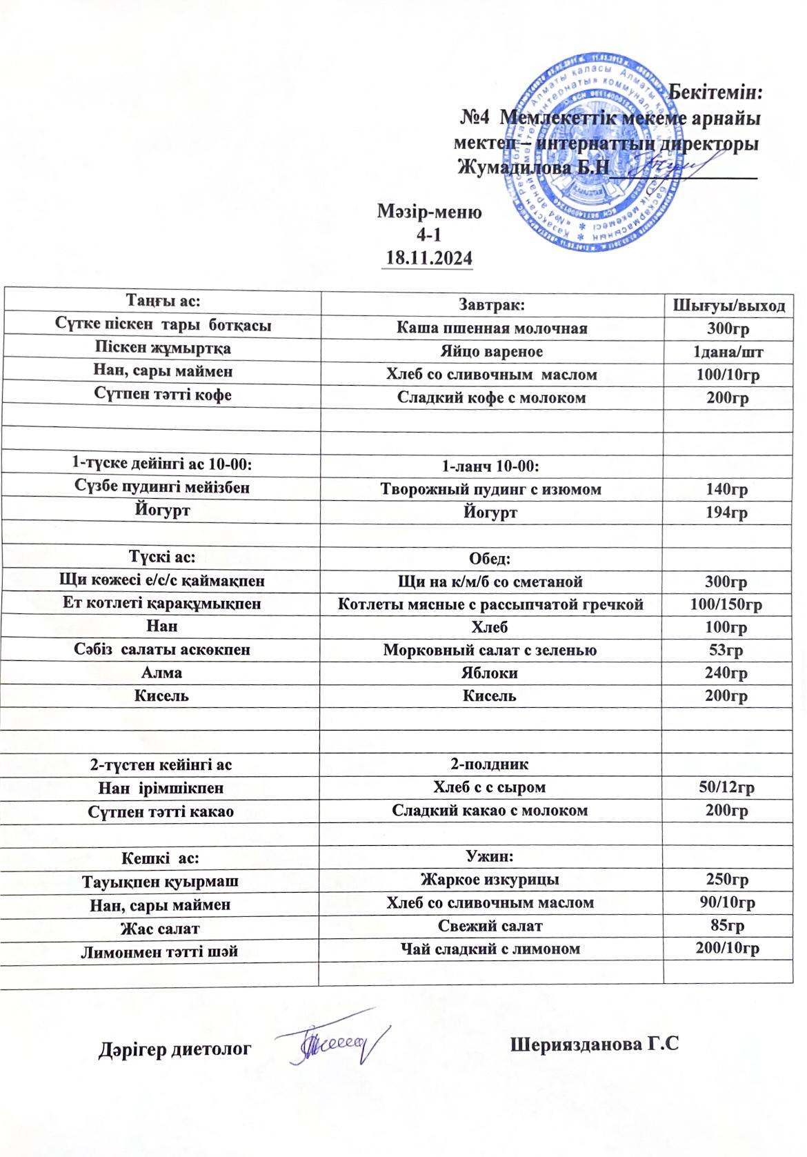 Күнделікті мәзір 18.11.2024 г/ Ежедневное меню на 18.11.2024г
